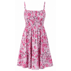 Pink floral sleeveless dress with spaghetti straps, gathered bodice and tiered skirt