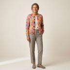 Open-front knit cardigan, multicolour floral print, long sleeves, button front