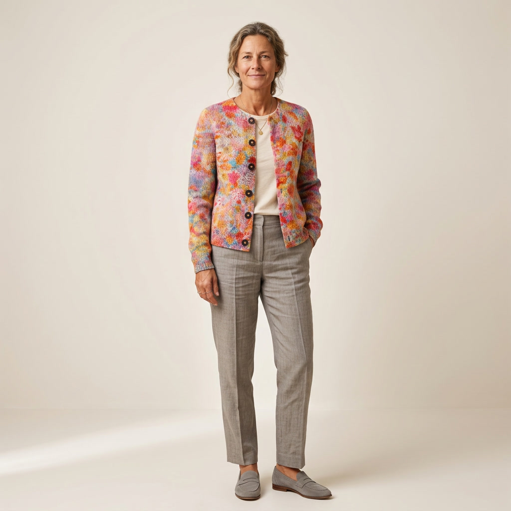 Open-front knit cardigan, multicolour floral print, long sleeves, button front
