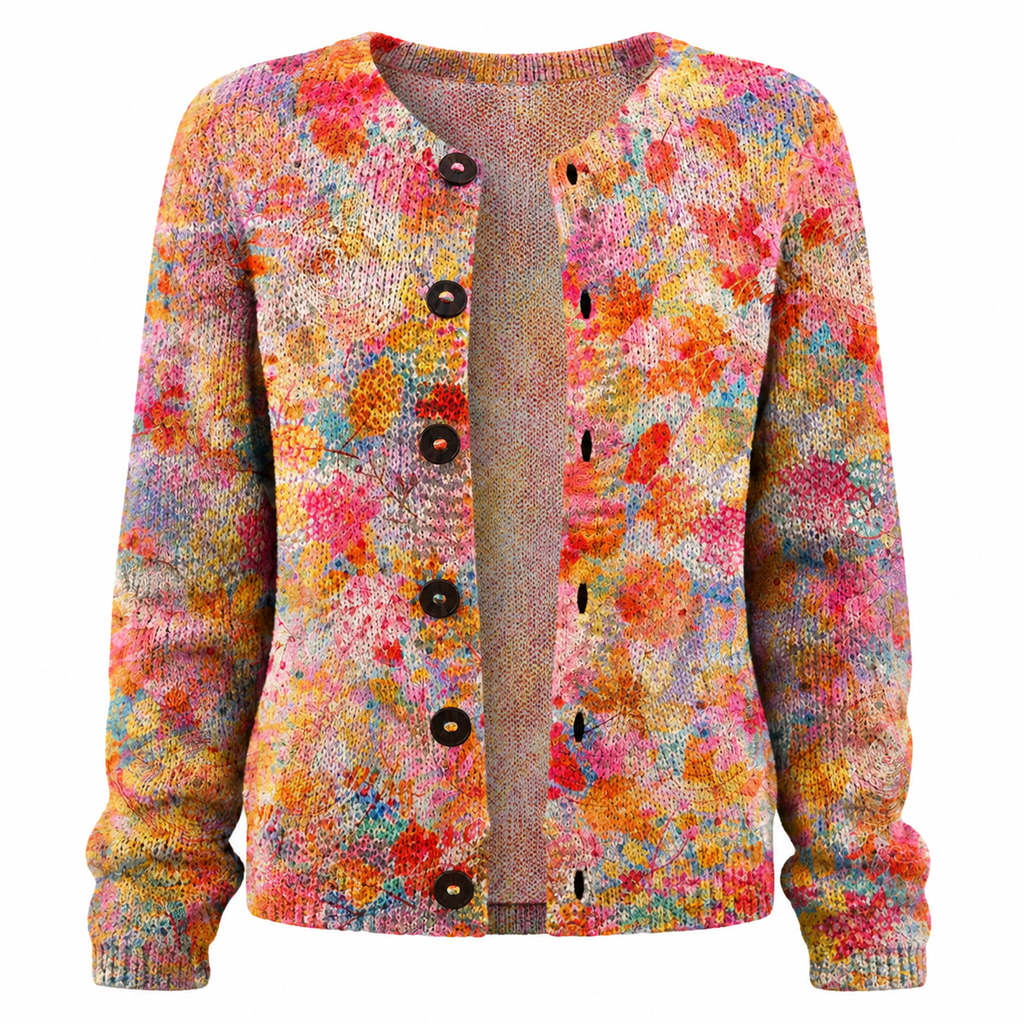 Women’s open-front knit cardigan, multicolour floral print, long sleeves, button placket