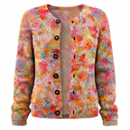 Women’s open-front knit cardigan, multicolour floral print, long sleeves, button placket