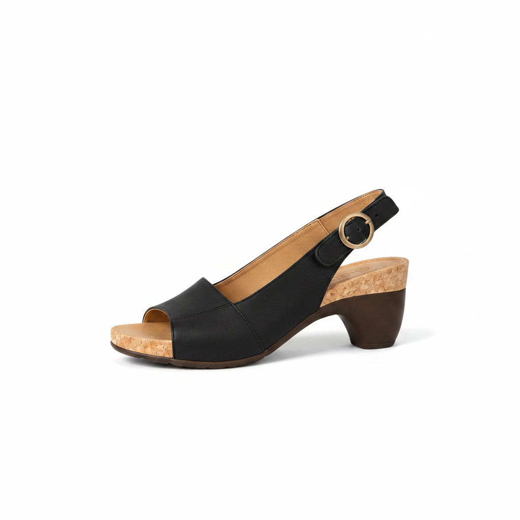 Black block-heel slingback sandal with open toe, circular buckle strap, cork-look sole.