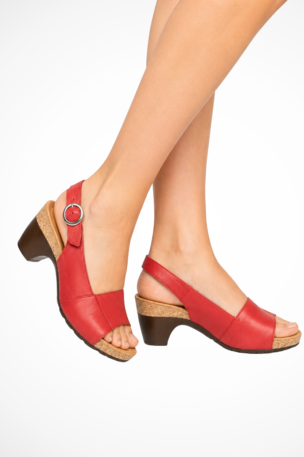 Red block heel slingback sandals with buckle strap and open toe