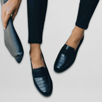 Women's slip-on leather loafers, dark textured finish, pointed toe