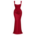Women’s corset bodice maxi dress, red, sleeveless square neckline, ruched waist