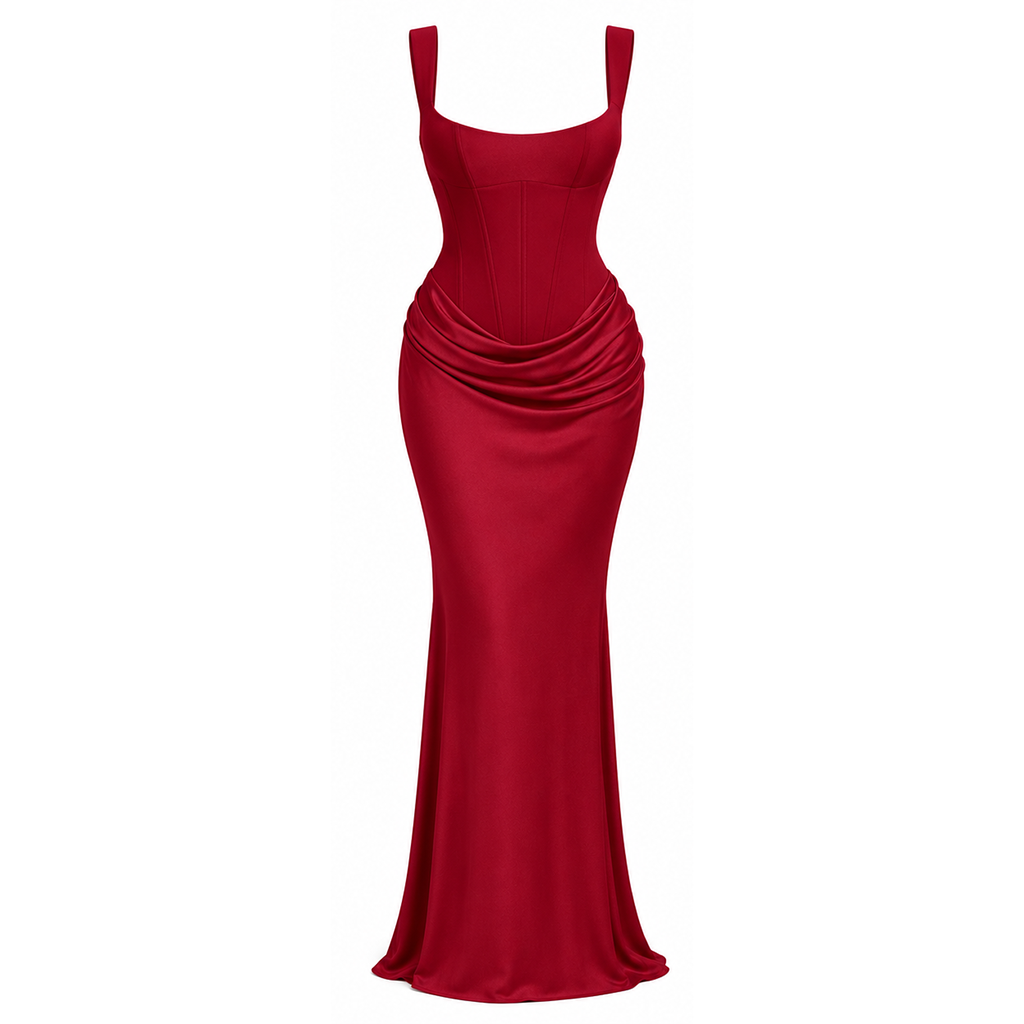 Women’s corset bodice maxi dress, red, sleeveless square neckline, ruched waist