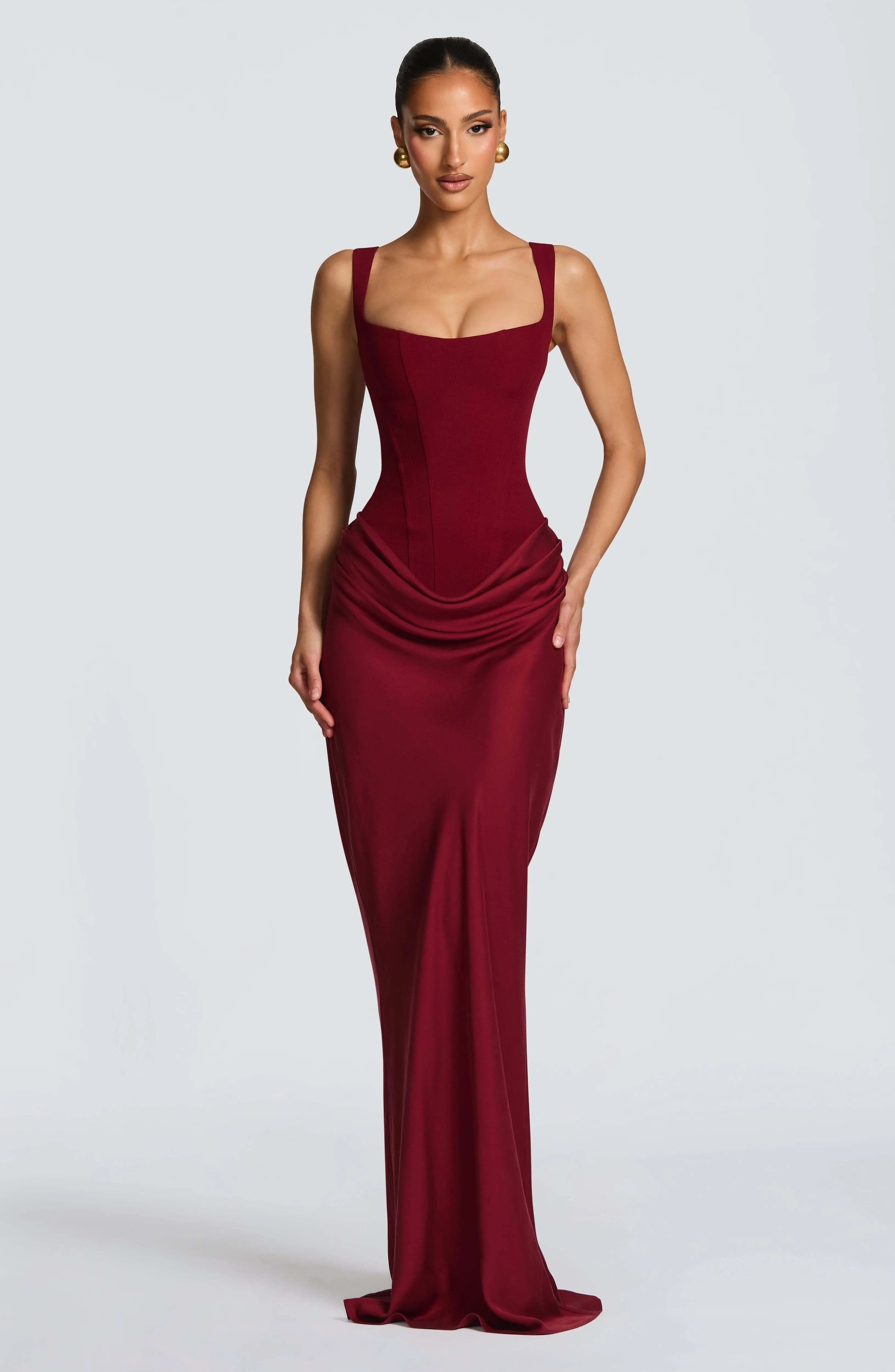 Women’s corset bodice maxi dress, burgundy, square neckline, ruched drape waist