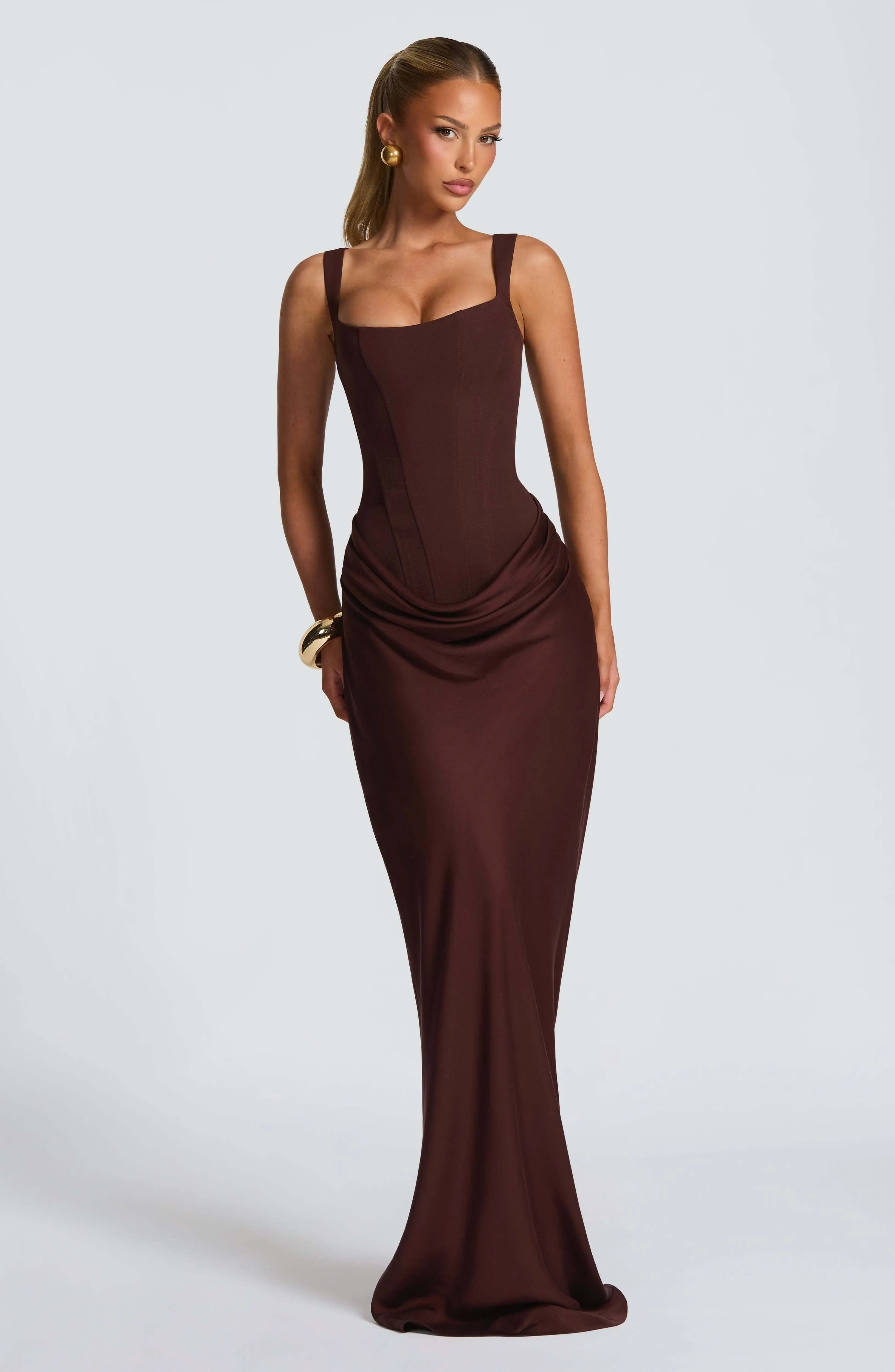 Women’s corset bodice maxi dress, dark brown, square neckline, ruched waist drape