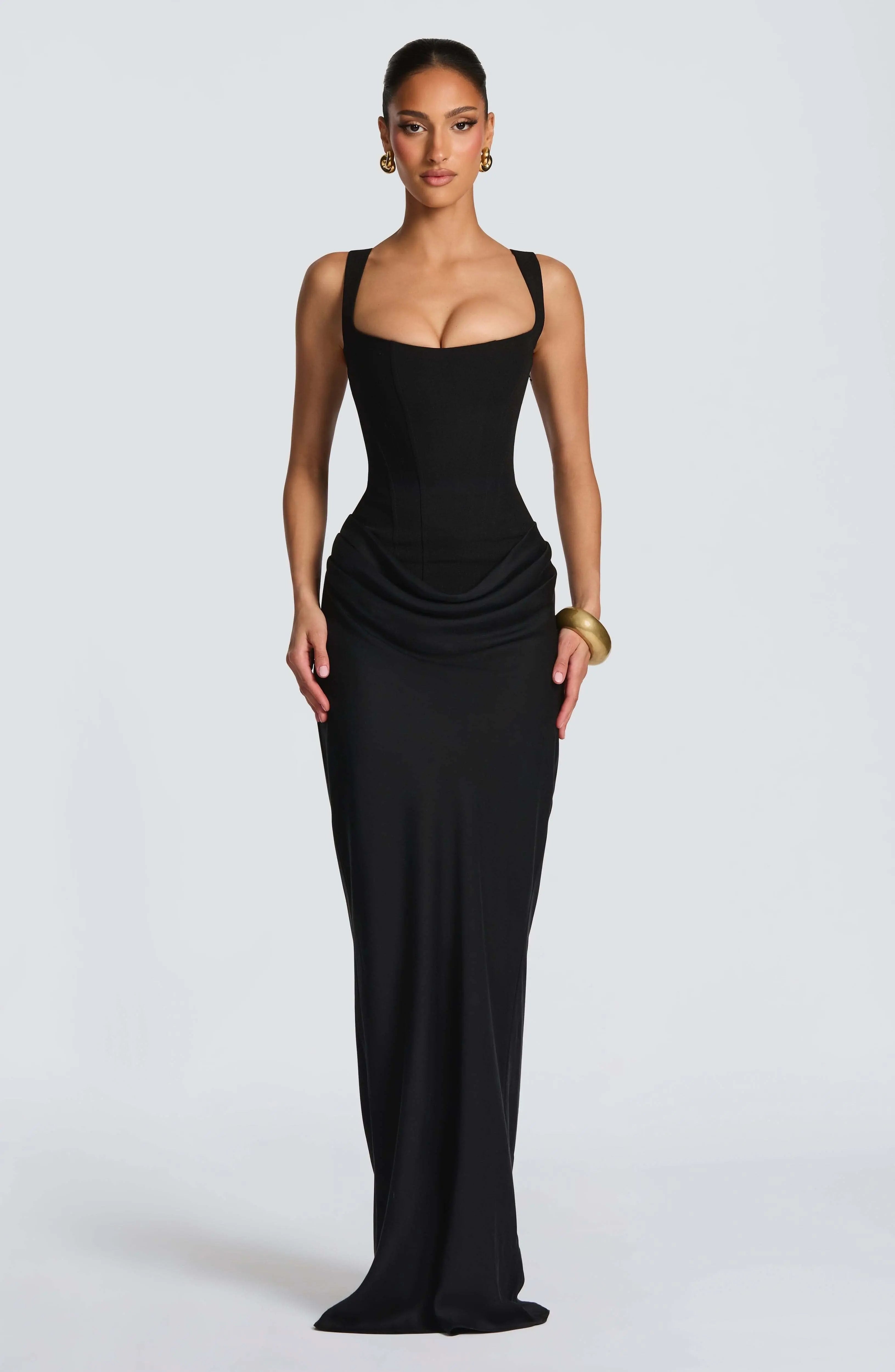 Women’s corset bodice maxi dress, black, square neckline, ruched drape at waist