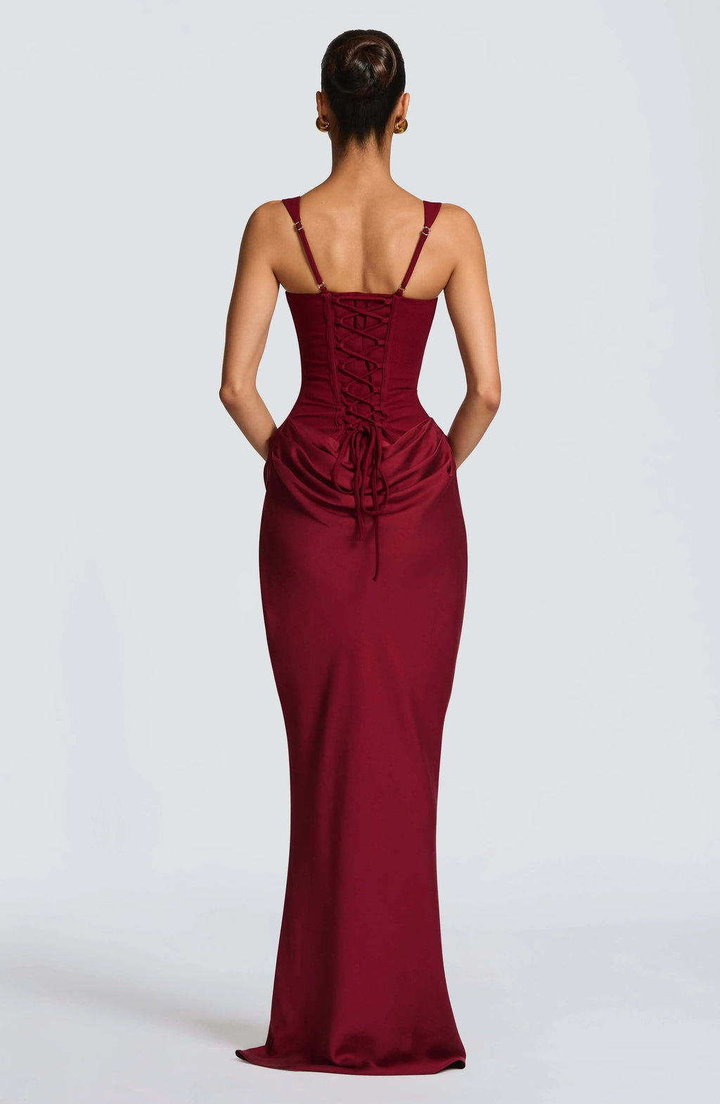 Women’s corset bodice maxi dress, burgundy, lace-up back corset details