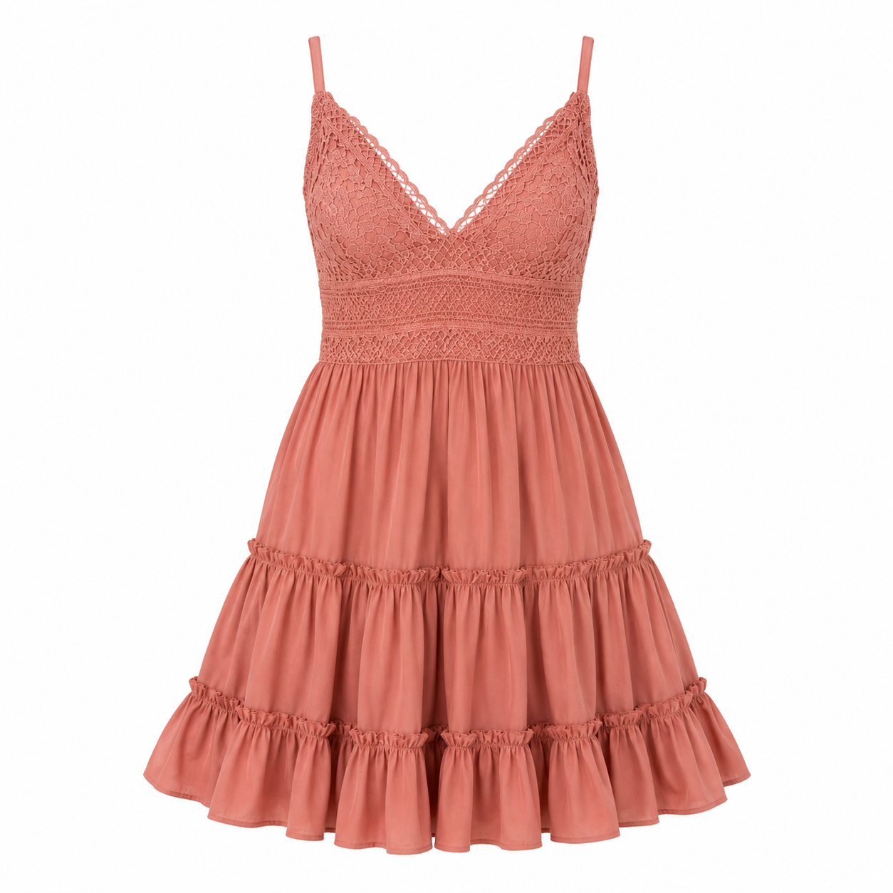 Coral-pink lace spaghetti-strap tiered ruffle knee-length dress, V-neck bodice