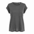 Women’s dark grey round-neck short-sleeve T-shirt with chest pocket, relaxed fit