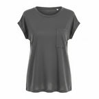 Women’s dark grey round-neck short-sleeve T-shirt with chest pocket, relaxed fit