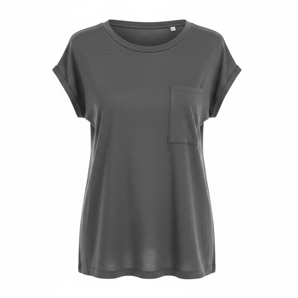 Women’s dark grey round-neck short-sleeve T-shirt with chest pocket, relaxed fit
