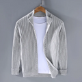 Light gray ribbed zip-up cardigan with stand collar and long sleeves