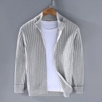 Light gray ribbed zip-up cardigan with stand collar and long sleeves