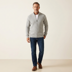 Men's light grey ribbed zip-up cardigan with long sleeves and collar
