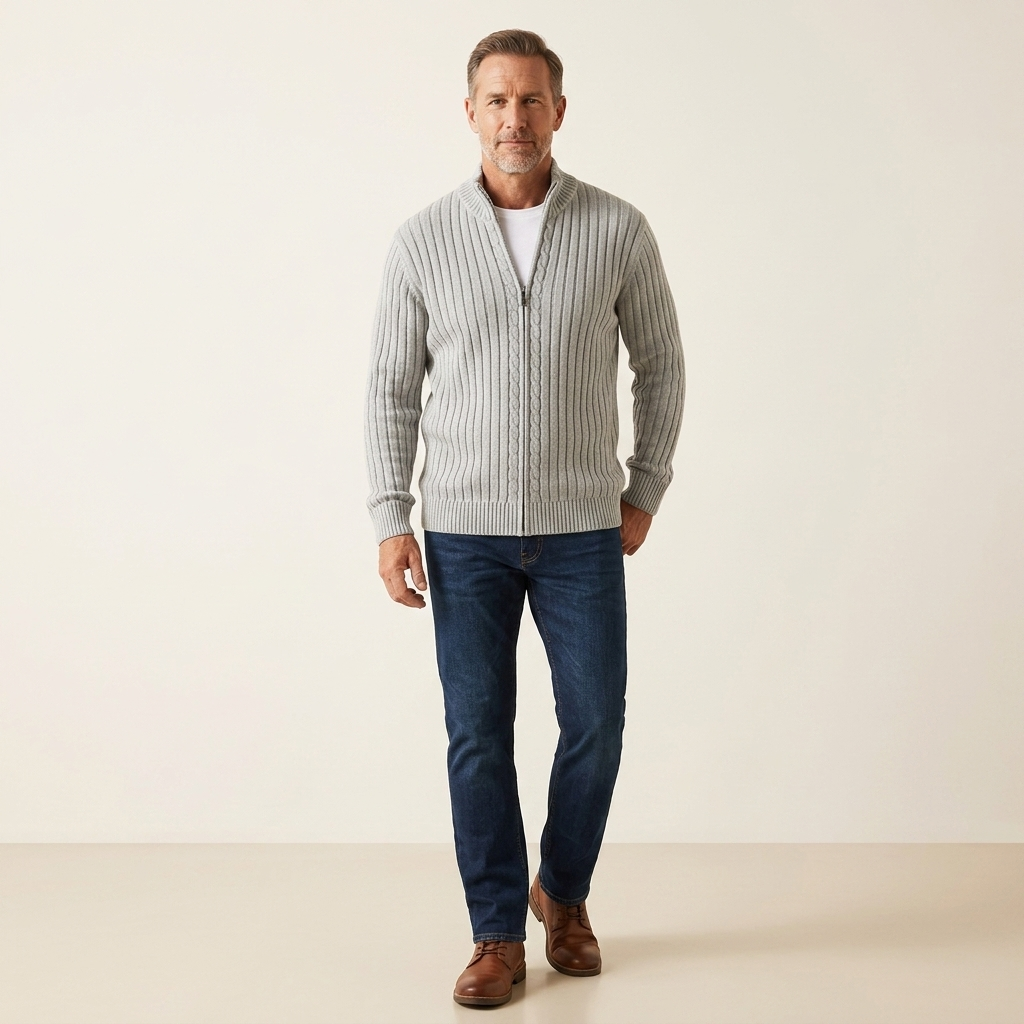 Men's light grey ribbed zip-up cardigan with long sleeves and collar