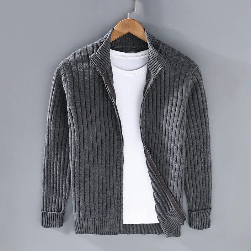 Dark gray ribbed zip-up cardigan with stand collar, zipper, and long sleeves