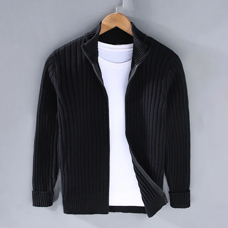 Black ribbed zip-up cardigan with stand collar and long sleeves