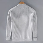 Light gray ribbed zip-up cardigan back with high neck and ribbed cuffs