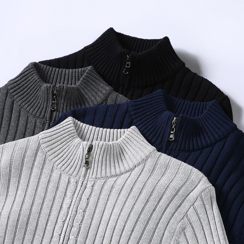 Ruben™ ribbed zip-up cardigan set in light gray, dark gray, blue, and black