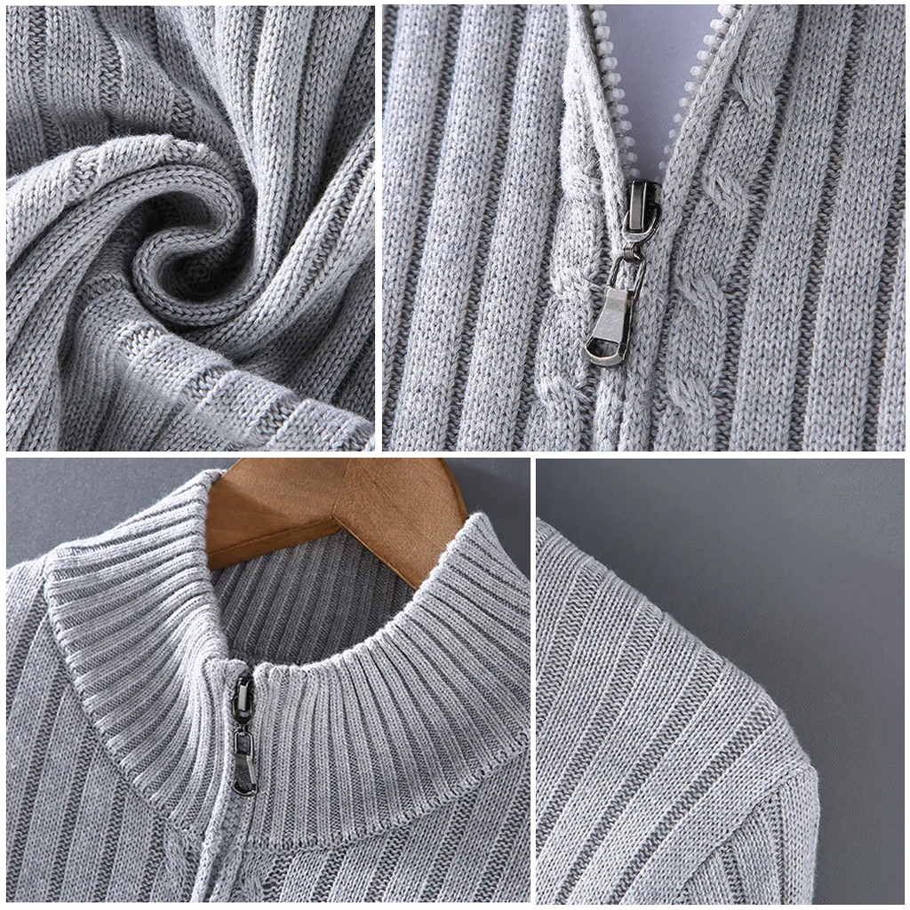 Gray ribbed zip-up cardigan close-up: textured knit, stand collar, metal zipper