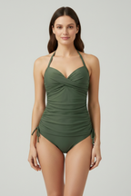 Green ruched halter one-piece swimsuit with wrap front and adjustable side ties