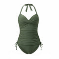 Green ruched halter one-piece swimsuit with tie neckline and side drawstring ties