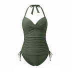 Green ruched halter one-piece swimsuit with tie neckline and side drawstring ties