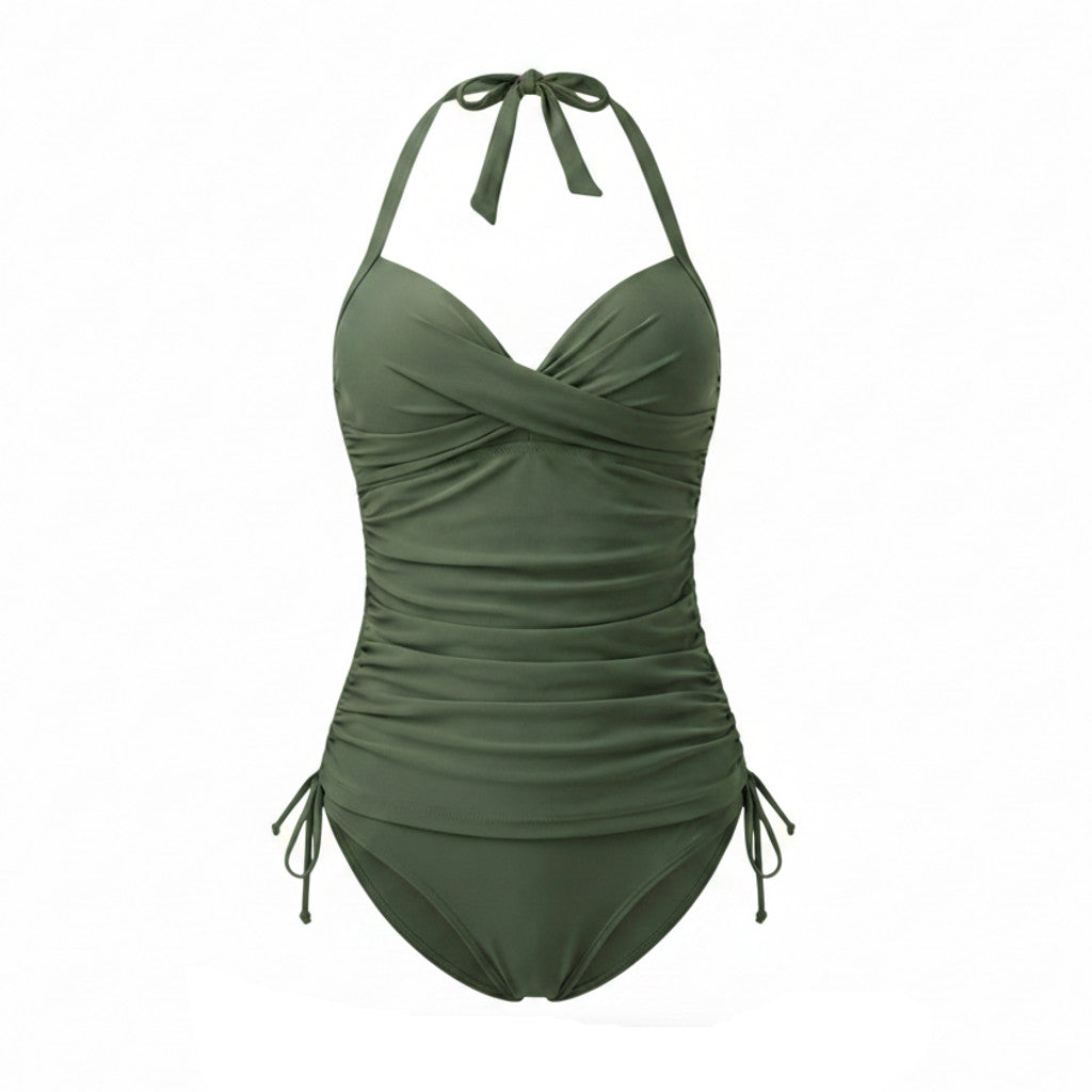 Green ruched halter one-piece swimsuit with tie neckline and side drawstring ties
