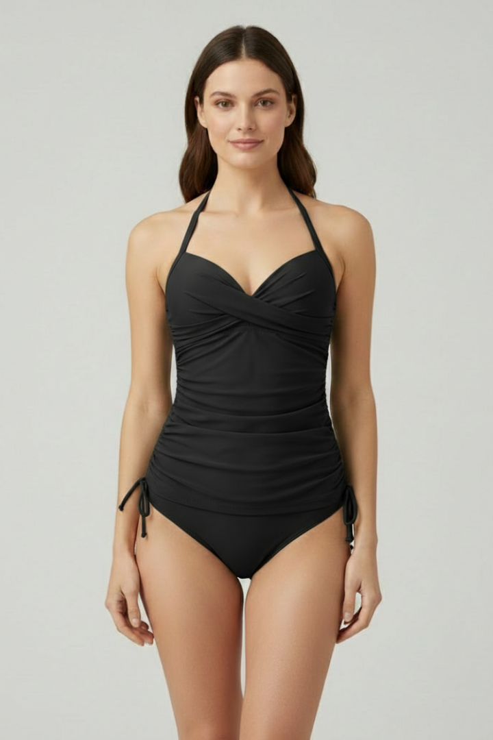 Black ruched halter one-piece swimsuit with wrap front and adjustable side ties