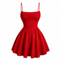 Red ruched high-waist mini dress with spaghetti straps and flared skirt
