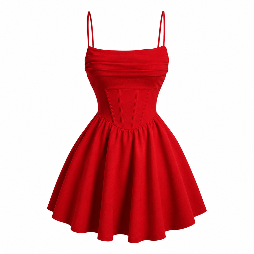 Red ruched high-waist mini dress with spaghetti straps and flared skirt