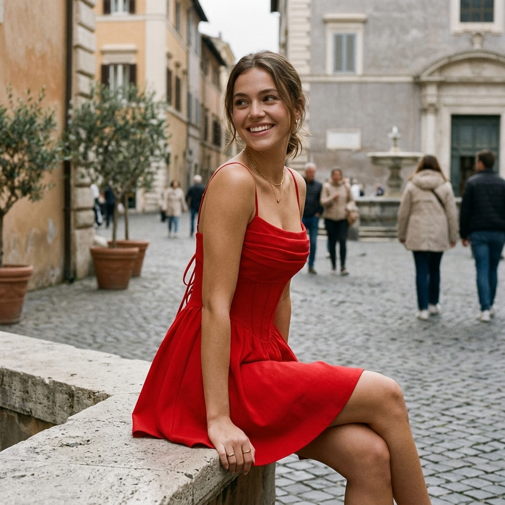Red ruched high-waist mini dress with spaghetti straps and flared skirt