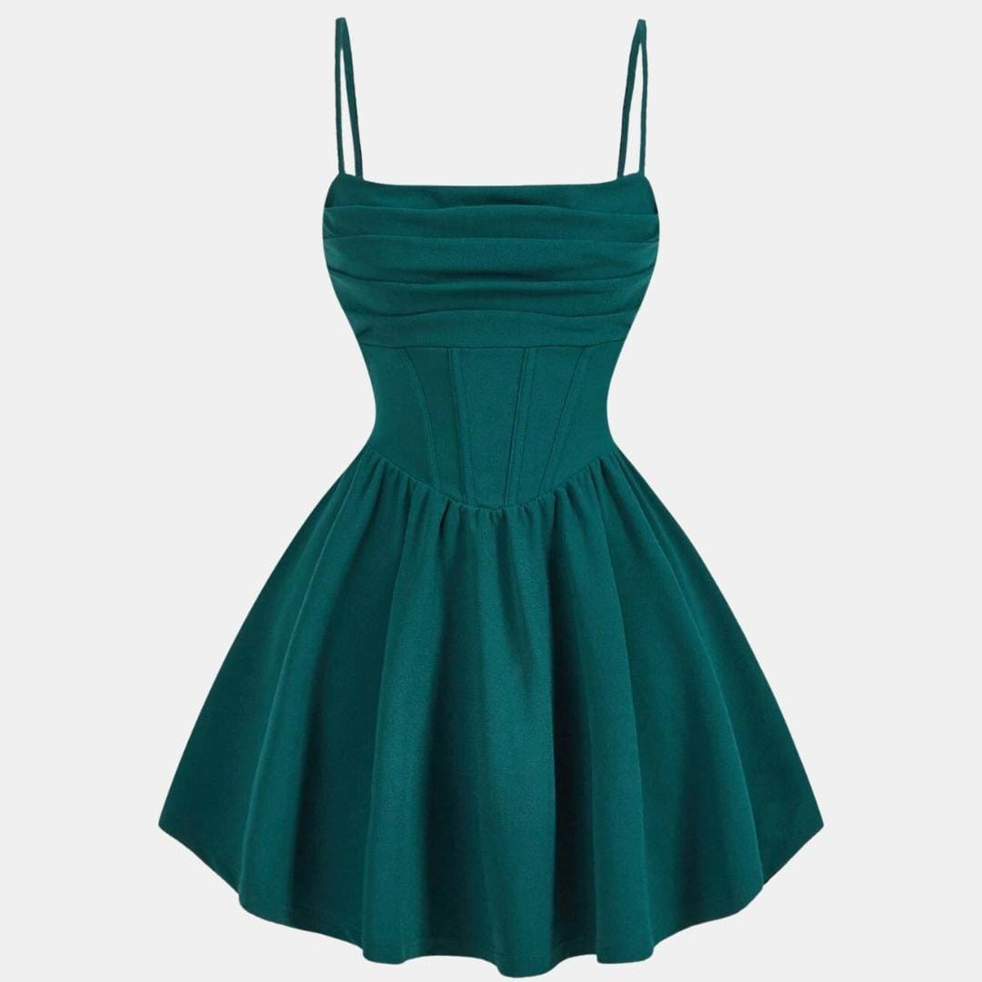 Dark green ruched mini dress with flared skirt and spaghetti straps