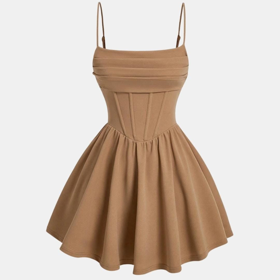 Khaki ruched mini dress with flared skirt and spaghetti straps