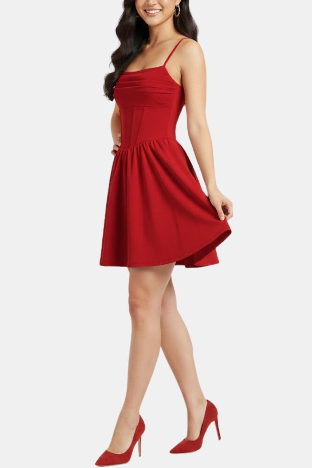Red ruched mini dress with spaghetti straps and flared skirt, side view with sleeveless bodice