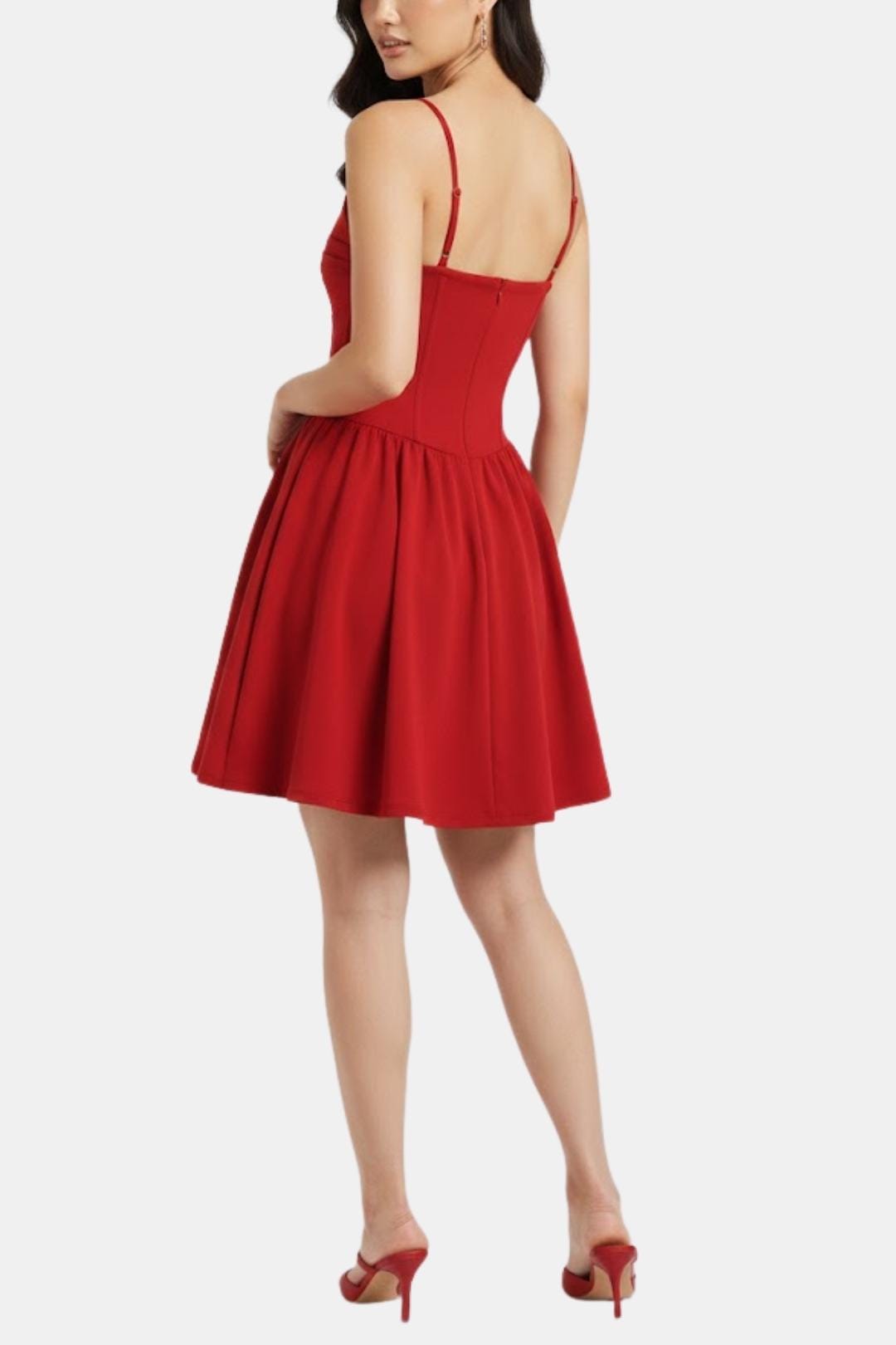 Red ruched mini dress with spaghetti straps and flared skirt, back view with low open back