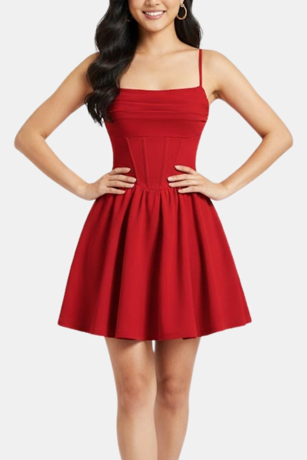 Red ruched mini dress with spaghetti straps and flared skirt, front view with gathered waistline