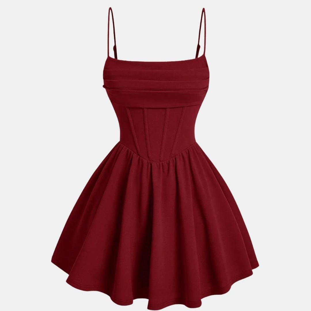 Burgundy ruched mini dress with spaghetti straps and flared skirt, sleeveless gathered bodice