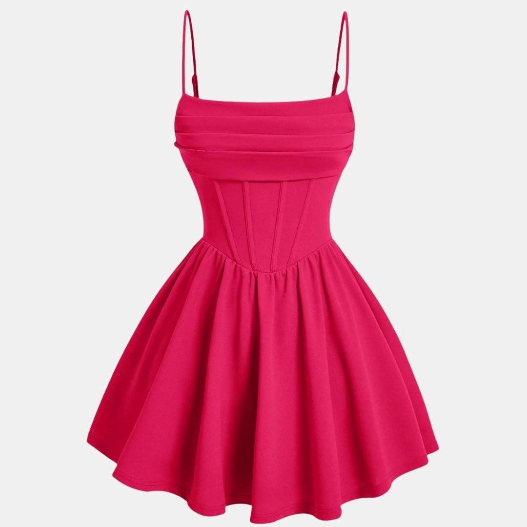 Hot pink ruched mini dress with spaghetti straps and flared skirt, sleeveless gathered waist