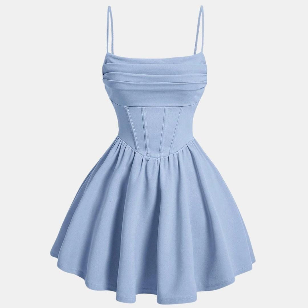 Light blue ruched mini dress with spaghetti straps and flared skirt, sleeveless gathered waist