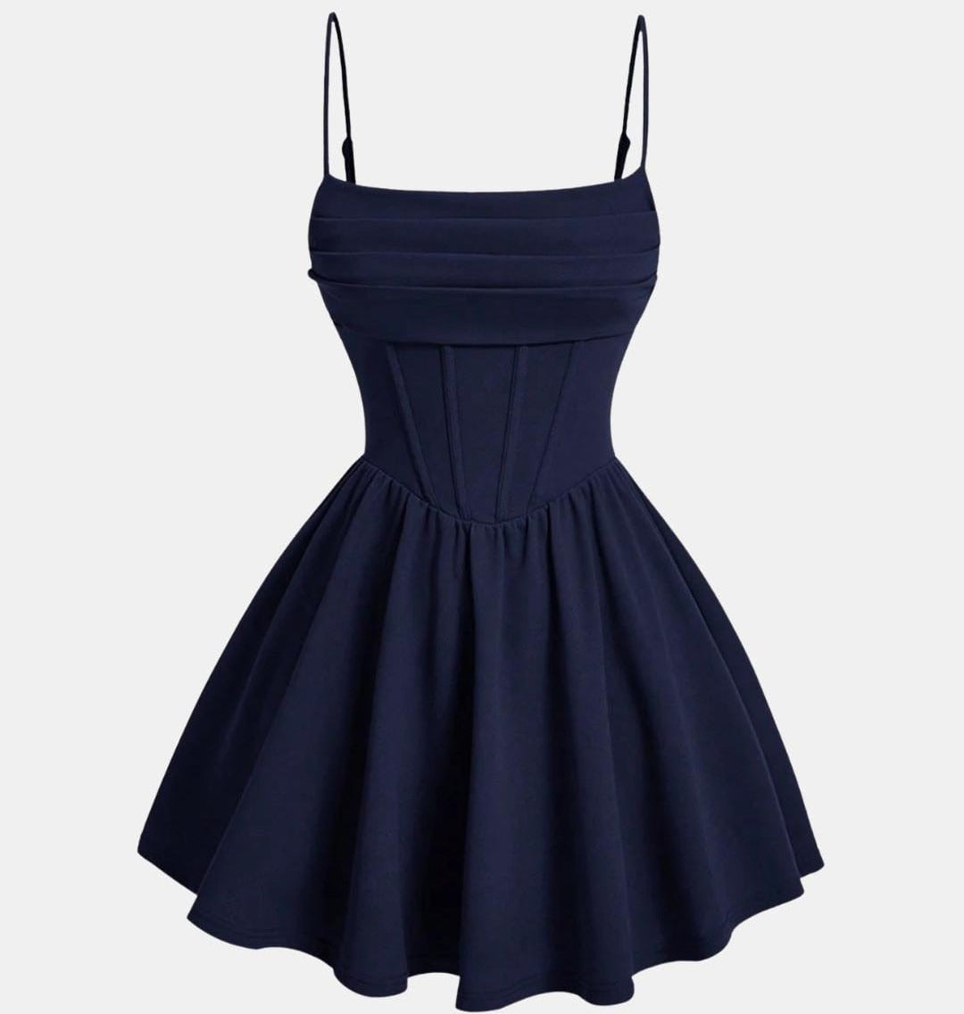 Navy ruched mini dress with spaghetti straps and flared skirt, sleeveless gathered bodice
