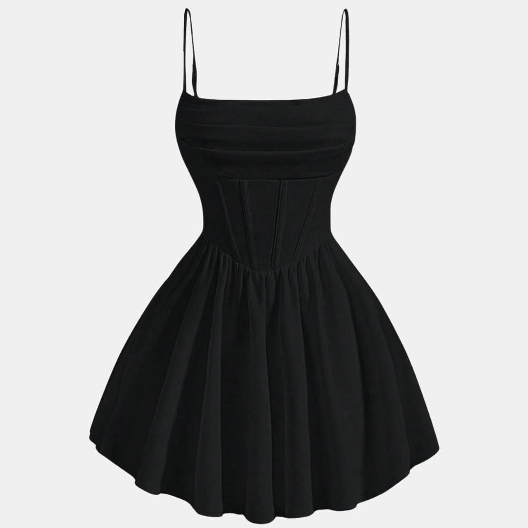 Black ruched mini dress with spaghetti straps and flared skirt, sleeveless gathered waist