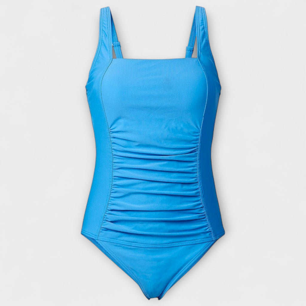 Ruched one-piece swimsuit in sky blue, square neckline and wide straps