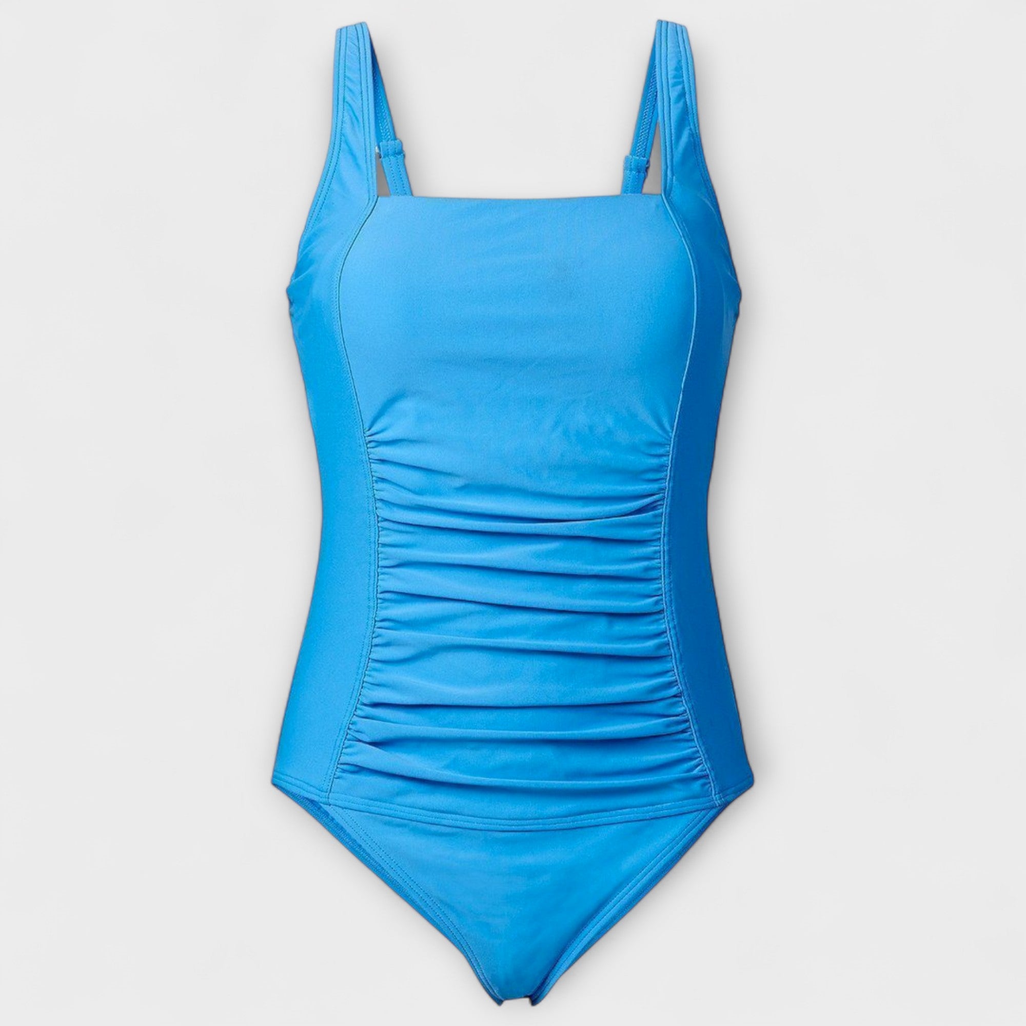 Ruched one-piece swimsuit in sky blue, square neckline and wide straps