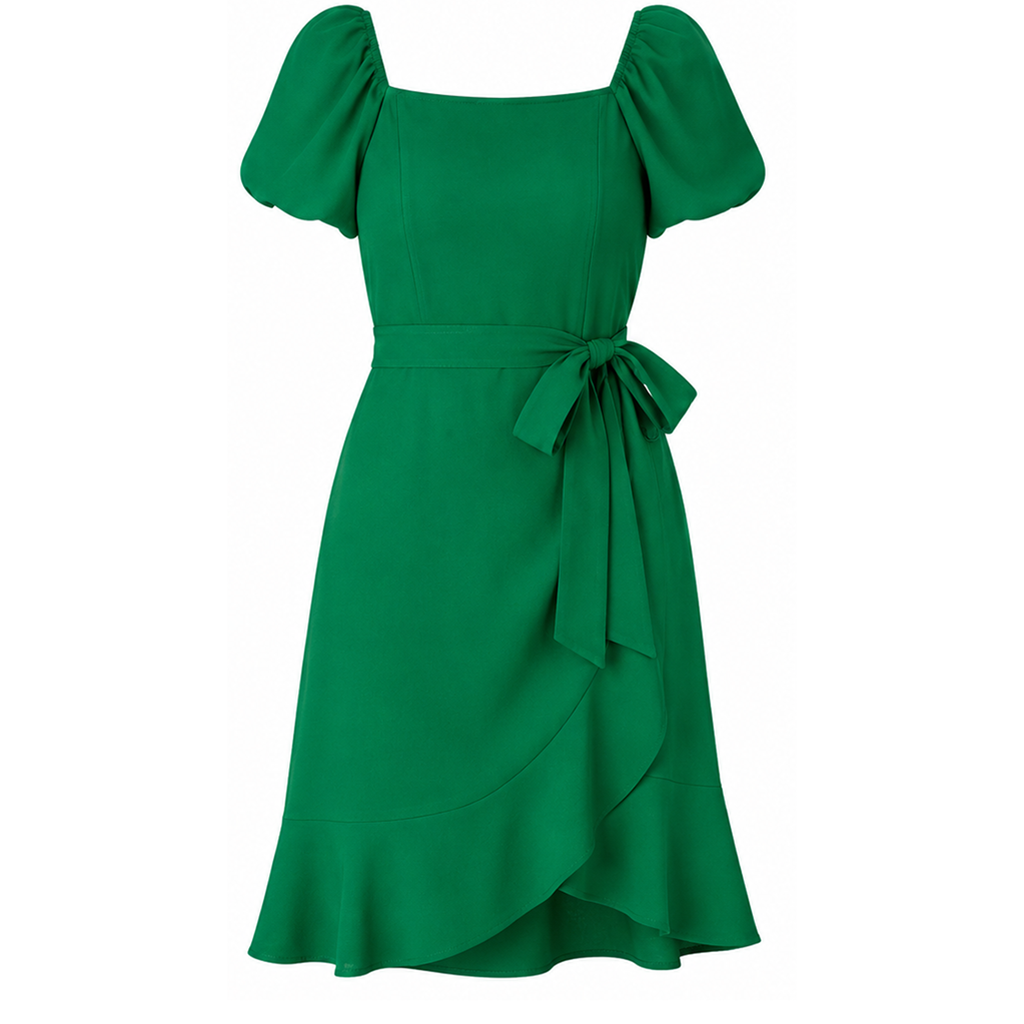 Green mini dress flat lay with puff sleeves, square neckline, and side tie bow
