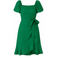 Green mini dress flat lay with puff sleeves, square neckline, and side tie bow