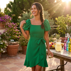 Green square-neck mini dress with short puff sleeves, side tie waist, flared skirt